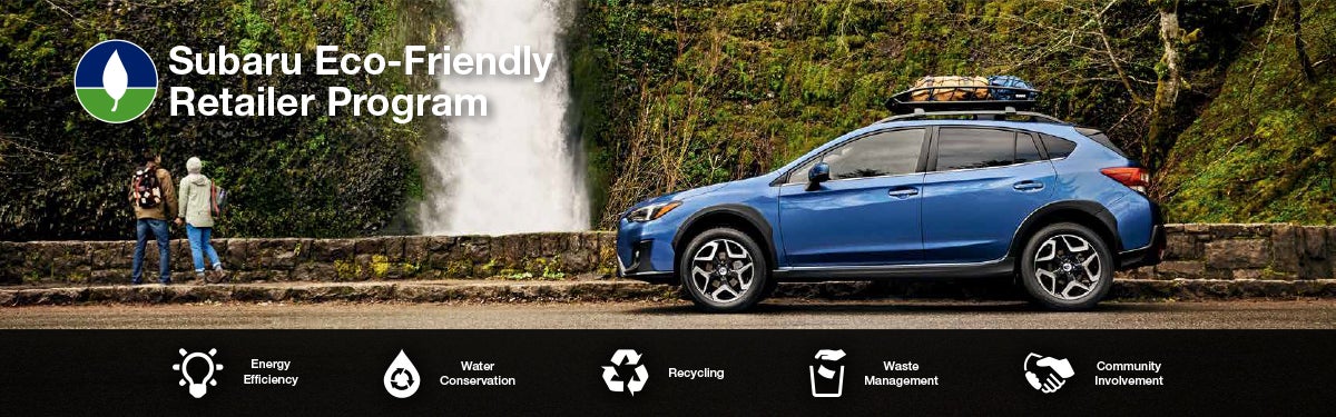 The Subaru Eco-Friendly Retailer Program logo with a blue Subaru and eco icons at bottom. | Jim Keras Subaru in Memphis TN