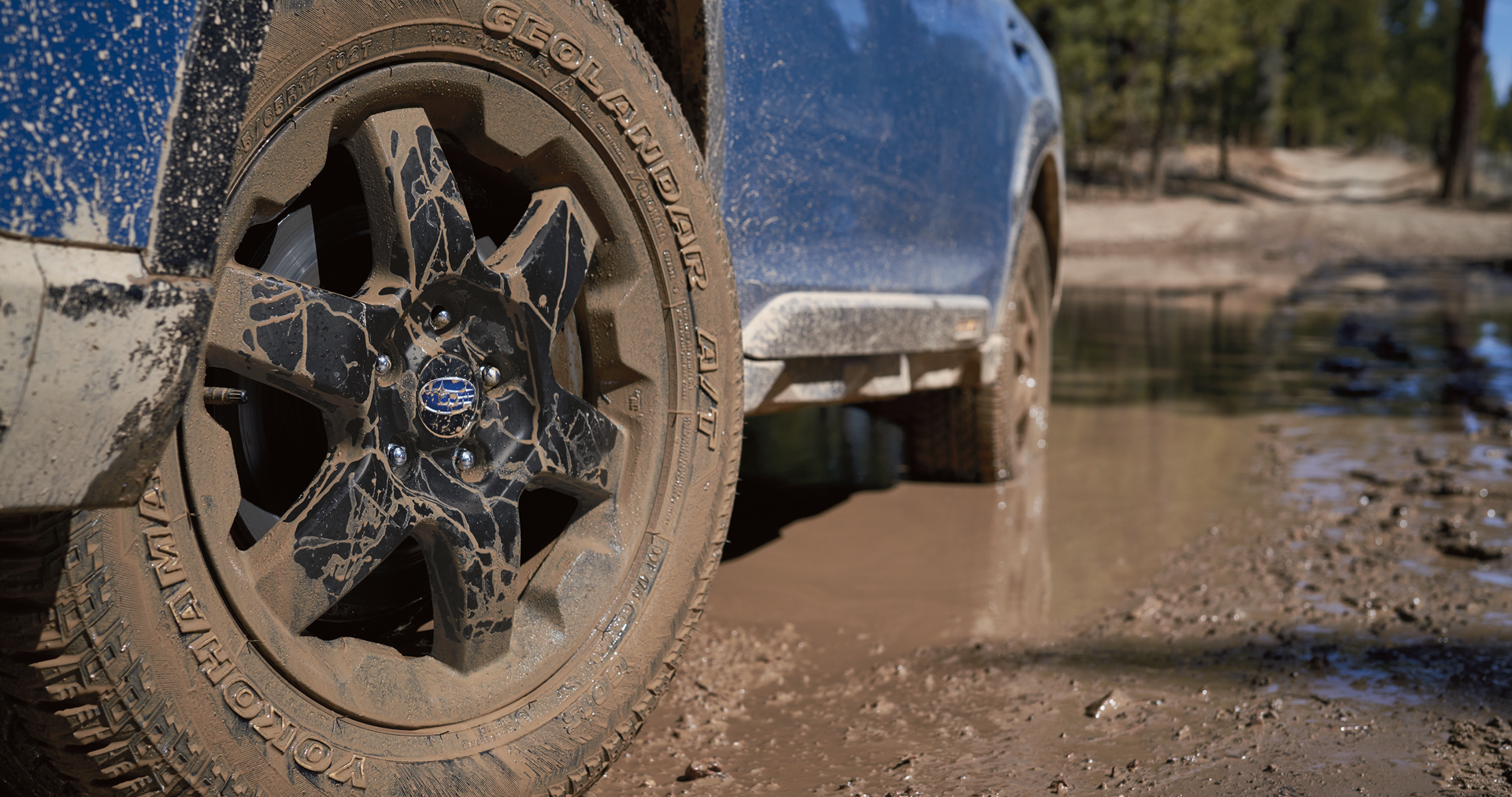 A close-up of the 17-inch off-road wheels and all-terrain Yokohama GEOLANDAR® tires on the 2023 Outback Wilderness. | Jim Keras Subaru in Memphis TN